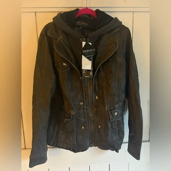 Washed Black Leather Jacket with Hood - Picture 2 of 8